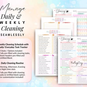 Comprehensive daily and weekly cleaning schedule and task tracker for ADHD home management; features pre-filled morning, afternoon, evening, and night routine slots plus a colorful weekly chore chart with room-specific headers and blank customization-friendly options.