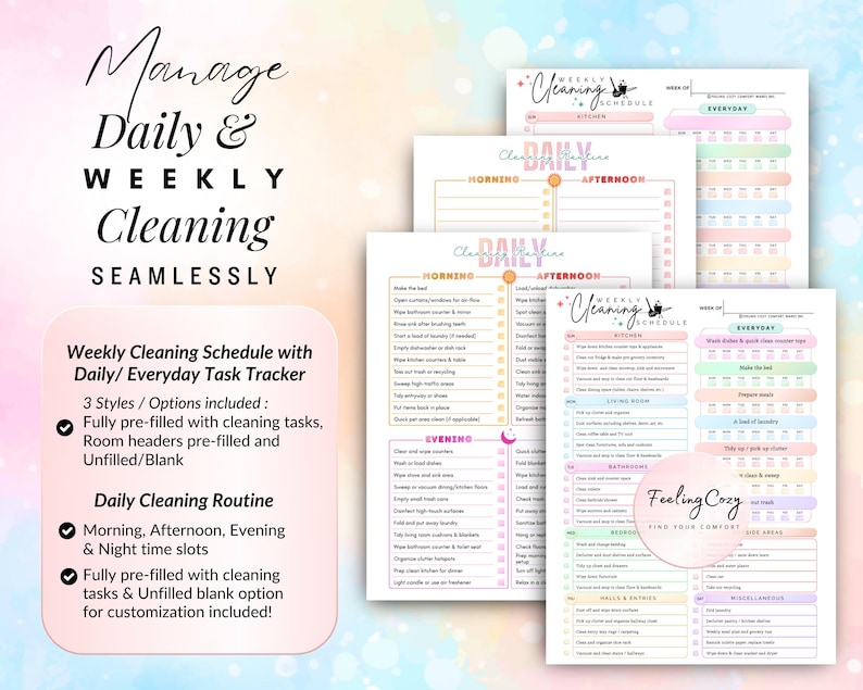 Comprehensive daily and weekly cleaning schedule and task tracker for ADHD home management; features pre-filled morning, afternoon, evening, and night routine slots plus a colorful weekly chore chart with room-specific headers and blank customization-friendly options.