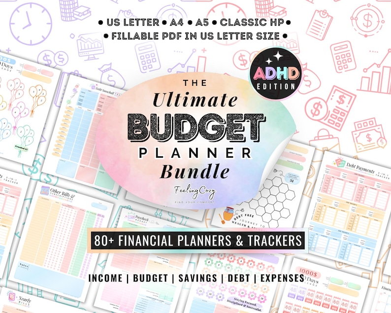ADHD Budget Planner Bundle cover featuring 80+ financial planners and trackers in US Letter, A4, A5, Classic Happy Planner, and fillable PDF formats