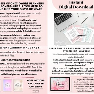 May include: A digital download for a set of chic ombr&eacute; planners and trackers. The image shows a laptop screen displaying the planners, with the text "Instant Digital Download" and "Glow-up Planner Bundle" on the screen. The text "Super Simple & Easy with the User-Friendly Starter Kit Included!" is also visible.