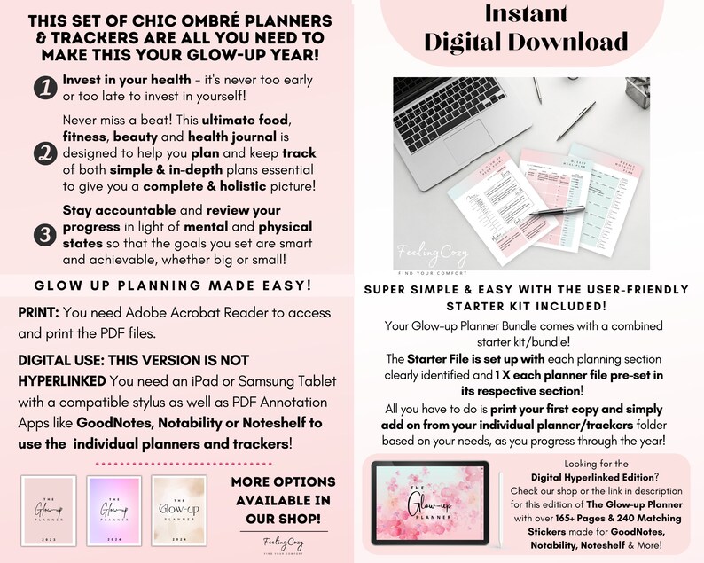 May include: A digital download for a set of chic ombr&eacute; planners and trackers. The image shows a laptop screen displaying the planners, with the text "Instant Digital Download" and "Glow-up Planner Bundle" on the screen. The text "Super Simple & Easy with the User-Friendly Starter Kit Included!" is also visible.