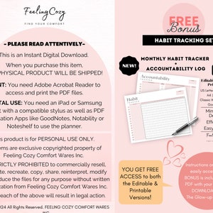 May include: A pink and white printable habit tracker and accountability log with the text "FREE Bonus Habit Tracking Set" and "NEW! Monthly Habit Tracker Accountability Log". The printable planner is a minimalist design with a grid layout and is editable and printable.