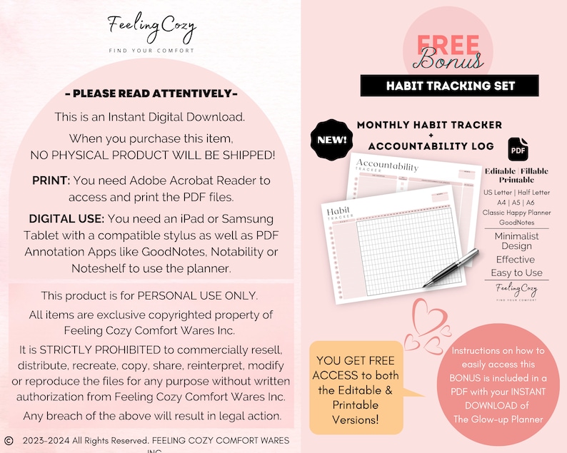 May include: A pink and white printable habit tracker and accountability log with the text "FREE Bonus Habit Tracking Set" and "NEW! Monthly Habit Tracker Accountability Log". The printable planner is a minimalist design with a grid layout and is editable and printable.