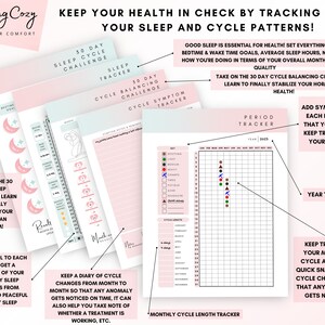 May include: Pink and blue printable planner pages with the text "Keep your health in check by tracking both your sleep and cycle patterns!" and "30 Day Sleep Cycle Challenge" and "30 Day Cycle Balancing Challenge".