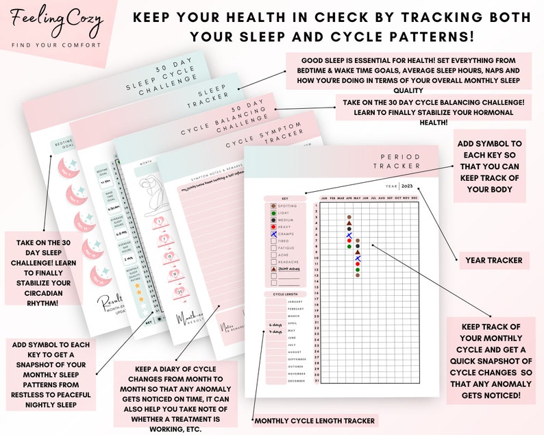 May include: Pink and blue printable planner pages with the text "Keep your health in check by tracking both your sleep and cycle patterns!" and "30 Day Sleep Cycle Challenge" and "30 Day Cycle Balancing Challenge".