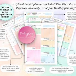 Overview of 7 budget planner styles including monthly financial calendar, paycheck budget with cash envelopes and expense layouts, weekly budget, bi-weekly budget, and month-end budget review pages.