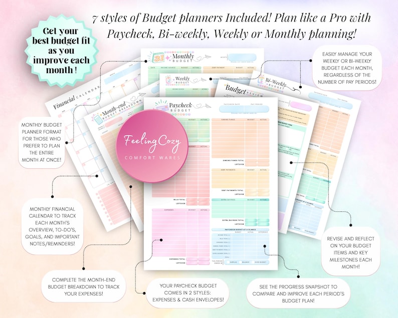 Overview of 7 budget planner styles including monthly financial calendar, paycheck budget with cash envelopes and expense layouts, weekly budget, bi-weekly budget, and month-end budget review pages.