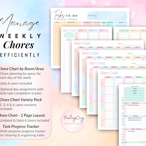 Comprehensive multi-user weekly chore chart and task progress tracker for ADHD household organization; features colorful printable templates for chore planning by room or area, supporting up to 6 users with daily task completion trackers and multi-purpose cleaning progress logs.
