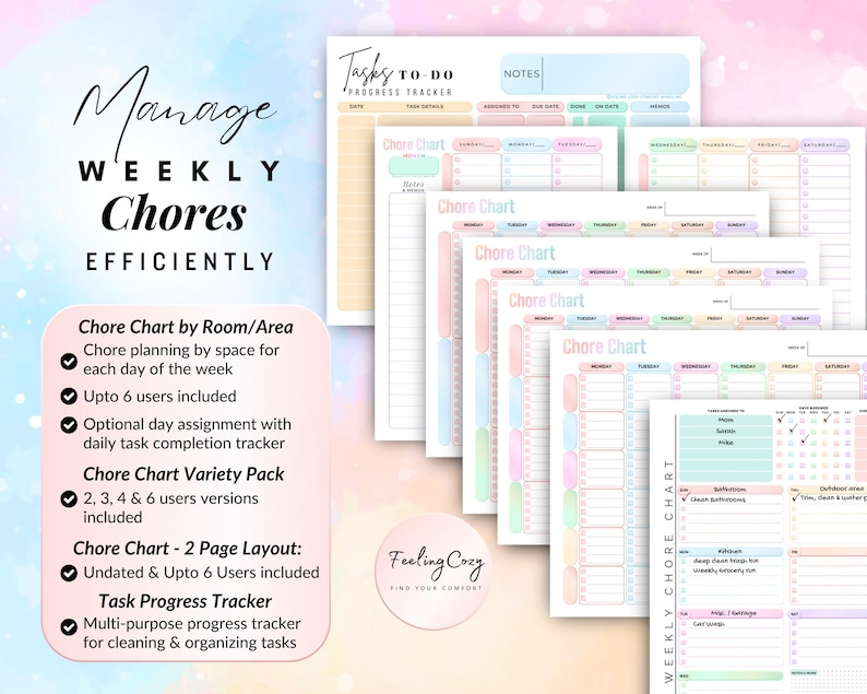 Comprehensive multi-user weekly chore chart and task progress tracker for ADHD household organization; features colorful printable templates for chore planning by room or area, supporting up to 6 users with daily task completion trackers and multi-purpose cleaning progress logs.