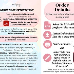 Easy 3-step technical guide for using digital cleaning planners; illustrates how to download files from Google Drive, use with Adobe Acrobat Reader, and import PDFs into annotation apps for paperless planning on tablets.