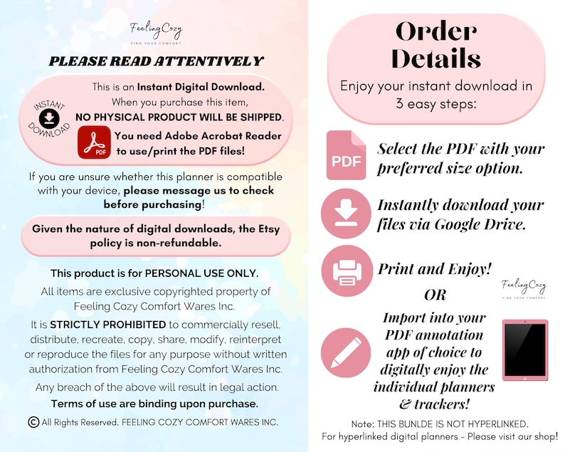 Easy 3-step technical guide for using digital cleaning planners; illustrates how to download files from Google Drive, use with Adobe Acrobat Reader, and import PDFs into annotation apps for paperless planning on tablets.