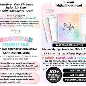 ADHD color-coded budget planner starter kit breakdown featuring beginner-friendly pre-set templates, instant digital download options, and print-ready high-resolution PDFs in US Letter, A4, A5, Classic Happy Planner, and fillable PDF formats.