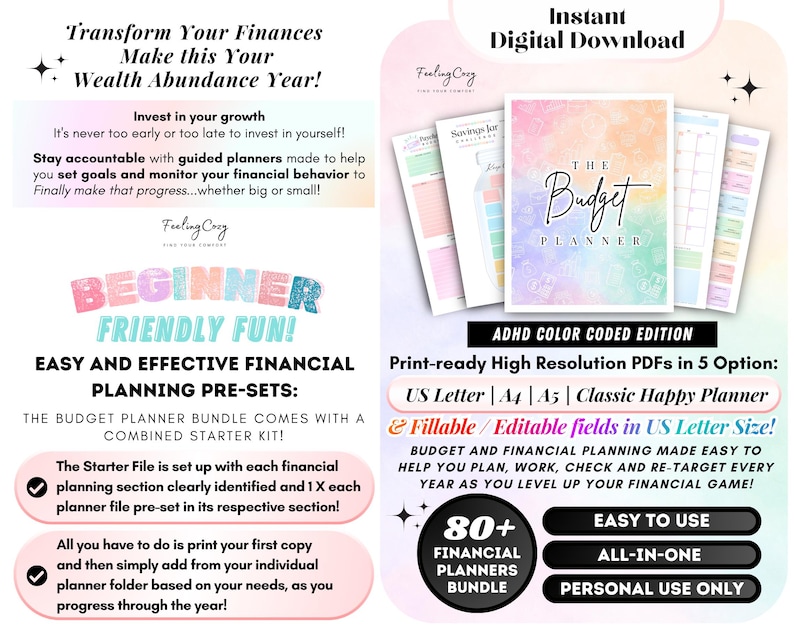 ADHD color-coded budget planner starter kit breakdown featuring beginner-friendly pre-set templates, instant digital download options, and print-ready high-resolution PDFs in US Letter, A4, A5, Classic Happy Planner, and fillable PDF formats.