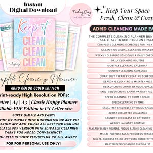 Comprehensive feature list for the ADHD Cleaning Planner Bundle; includes print-ready high-resolution PDF templates in US Letter, A4, A5, and Classic Happy Planner sizes. Detailed overview of 20+ organization tools including FlyLady zone cleaning, Clean-tris visual tracker, 30-day declutter challenges, and multi-user chore charts compatible with GoodNotes and Notability.