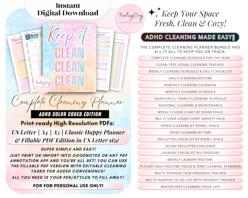 Comprehensive feature list for the ADHD Cleaning Planner Bundle; includes print-ready high-resolution PDF templates in US Letter, A4, A5, and Classic Happy Planner sizes. Detailed overview of 20+ organization tools including FlyLady zone cleaning, Clean-tris visual tracker, 30-day declutter challenges, and multi-user chore charts compatible with GoodNotes and Notability.