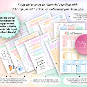 Ultimate Debt Payoff Challenge Bundle showcasing colorful debt repayment trackers, debt snowball worksheet, 3-in-1 debt payment log, and detailed debt management tracker.