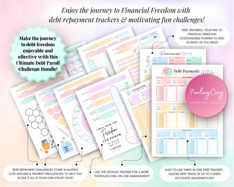 Ultimate Debt Payoff Challenge Bundle showcasing colorful debt repayment trackers, debt snowball worksheet, 3-in-1 debt payment log, and detailed debt management tracker.