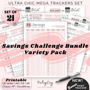 May include: A set of 21 printable pink and white savings challenge trackers. The trackers include a variety of challenges, such as saving £500 in 30 days, £15,000 in 52 weeks, and £10,000 in 52 weeks. The trackers are designed to help you reach your financial goals. The set also includes a bonus habit tracker.