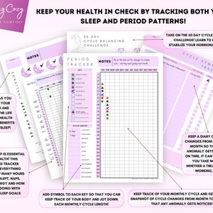 May include: A printable pink and white planner with the title "Keep Your Health in Check by Tracking Both Your Sleep and Period Patterns!"  The planner includes sections for tracking sleep, period symptoms, and cycle length.  It also includes a 30-day cycle balancing challenge.