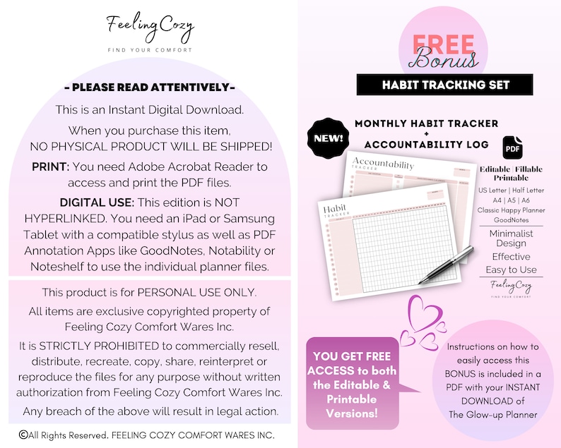 May include: A pink and white printable habit tracker and accountability log with the text "FREE Bonus Habit Tracking Set" and "NEW! Monthly Habit Tracker Accountability Log". The printable is a minimalist design and is easy to use. The text "Editable Fillable Printable" is also included.