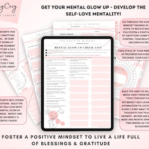 Może przedstawiać: R&oacute;żowa i biała drukowalna karta pracy z tytułem "Mental Glow Up Check List" i tekstem "Get Your Mental Glow Up - Develop the Self-Love Mentality!" Karta pracy zawiera afirmacje, kt&oacute;re promują miłość do siebie, śledzenie nastroju i sekcję na cotygodniowe afirmacje miłości do siebie.