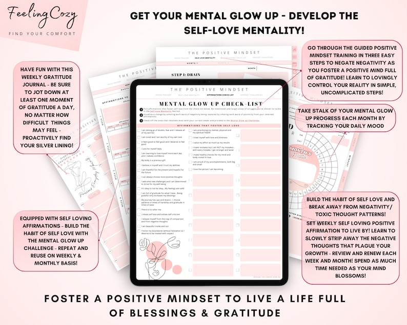 Może przedstawiać: R&oacute;żowa i biała drukowalna karta pracy z tytułem "Mental Glow Up Check List" i tekstem "Get Your Mental Glow Up - Develop the Self-Love Mentality!" Karta pracy zawiera afirmacje, kt&oacute;re promują miłość do siebie, śledzenie nastroju i sekcję na cotygodniowe afirmacje miłości do siebie.