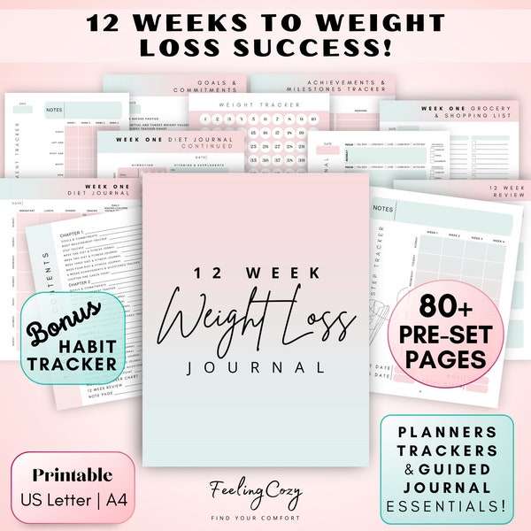 12 Week Weight Loss Journal, Weight Loss Tracker, Weight Loss Planner, Weight Loss Printable, Weight Loss Chart, Weight Loss Digital PDF