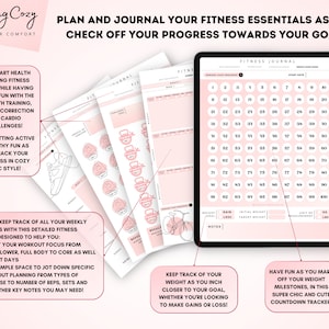 Może przedstawiać: R&oacute;żowo-biały cyfrowy planer z tekstem "Feeling Cozy" i "Fitness Journal". Planer zawiera sekcje do śledzenia wagi, trening&oacute;w i postęp&oacute;w w kierunku cel&oacute;w fitness. Planer ma r&oacute;żowo-białą kolorystykę z ilustracjami hantli, but&oacute;w do biegania i roweru.