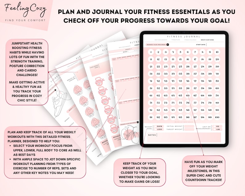 Może przedstawiać: R&oacute;żowo-biały cyfrowy planer z tekstem "Feeling Cozy" i "Fitness Journal". Planer zawiera sekcje do śledzenia wagi, trening&oacute;w i postęp&oacute;w w kierunku cel&oacute;w fitness. Planer ma r&oacute;żowo-białą kolorystykę z ilustracjami hantli, but&oacute;w do biegania i roweru.