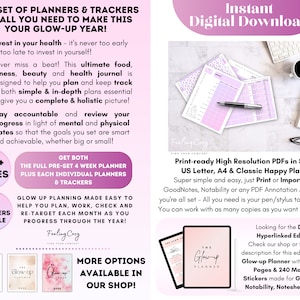 May include: A pink and white digital planner bundle with the text "Glow Up Planning Made Easy" and "Get Both The Full Pre-Set 4 Week Planner Plus Each Individual Planners & Trackers". The bundle includes 60+ pages and 35 planners. The image also shows a digital download of the planner in US Letter, A4, and Classic Happy Planner sizes.