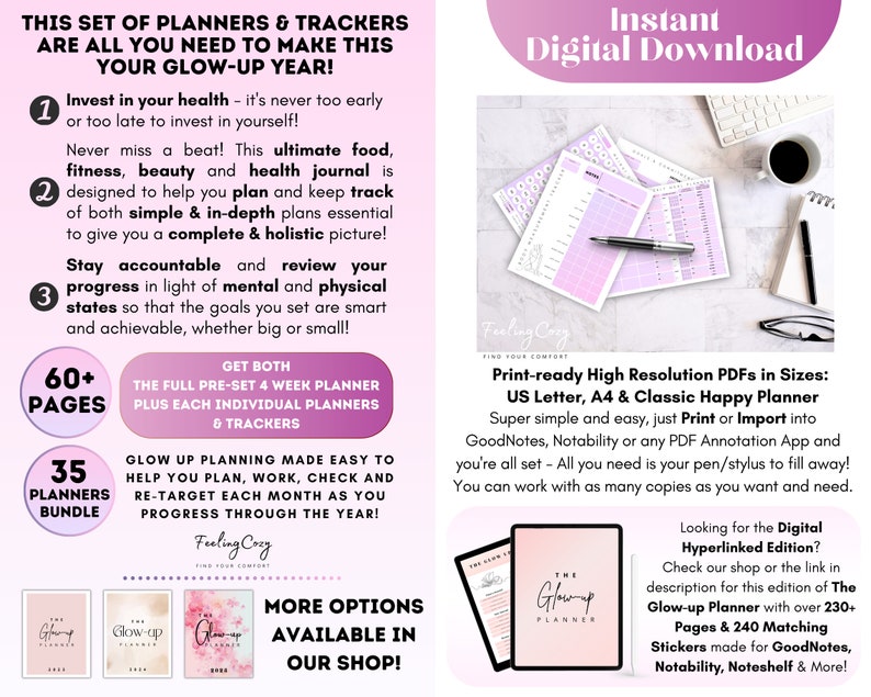 May include: A pink and white digital planner bundle with the text "Glow Up Planning Made Easy" and "Get Both The Full Pre-Set 4 Week Planner Plus Each Individual Planners & Trackers". The bundle includes 60+ pages and 35 planners. The image also shows a digital download of the planner in US Letter, A4, and Classic Happy Planner sizes.