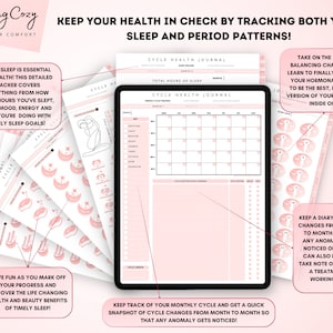 Może przedstawiać: R&oacute;żowo-biały dziennik do wydrukowania zatytułowany "Cycle Health Journal" z tekstem "Kontroluj swoje zdrowie, śledząc zar&oacute;wno sen, jak i cykle menstruacyjne!" Dziennik został zaprojektowany, aby pom&oacute;c w śledzeniu snu, nastroju, energii i zmian w cyklu.