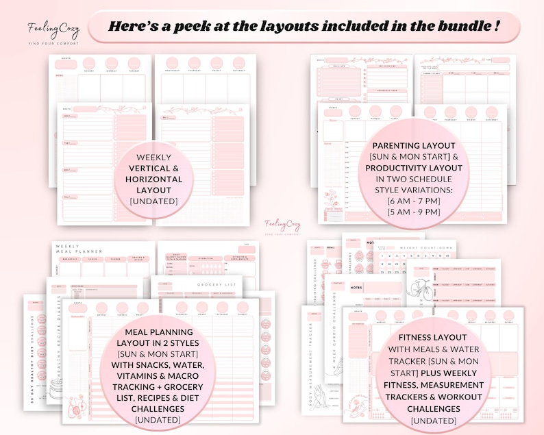 vertical layout, horizontal layout, parenting layout, productivity layout, meal planning layout, fitness layout, workout challenges