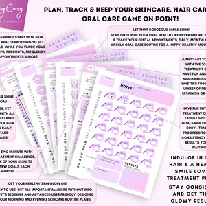 May include: A set of printable planners for tracking skincare, hair care, and oral health routines. The planners feature a pink and purple color scheme with a floral design. The text on the planners includes "30 Day Hair Treatment Challenge", "30 Day Oral Treatment Challenge", and "30 Day Skin Treatment Challenge".