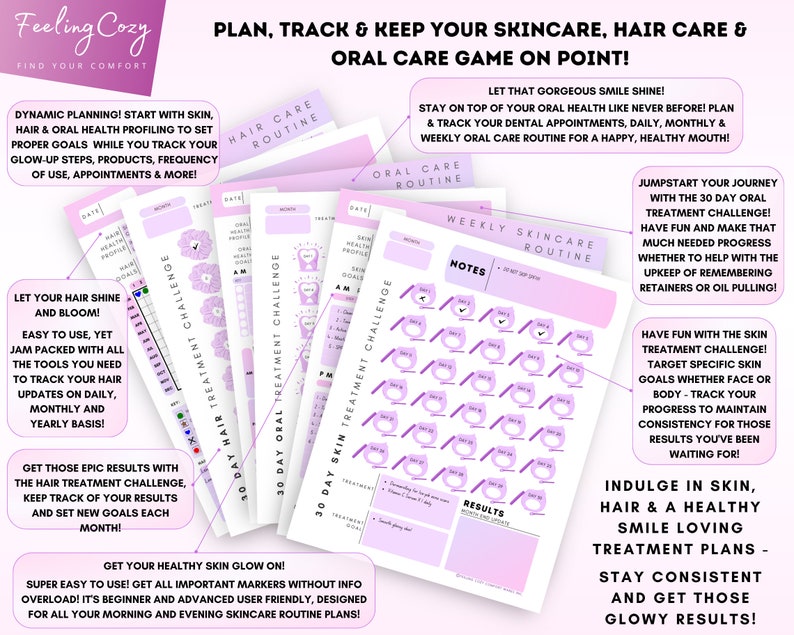 May include: A set of printable planners for tracking skincare, hair care, and oral health routines. The planners feature a pink and purple color scheme with a floral design. The text on the planners includes "30 Day Hair Treatment Challenge", "30 Day Oral Treatment Challenge", and "30 Day Skin Treatment Challenge".
