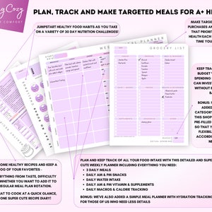 May include: A pink and white printable planner with the text "Plan, Track and Make Targeted Meals for A+ Health!" and "Feeling Cozy Find Your Comfort". The planner includes sections for grocery lists, meal planning, and tracking food intake.