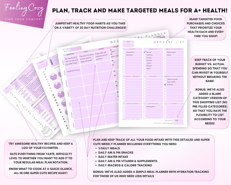 May include: A pink and white printable planner with the text "Plan, Track and Make Targeted Meals for A+ Health!" and "Feeling Cozy Find Your Comfort". The planner includes sections for grocery lists, meal planning, and tracking food intake.