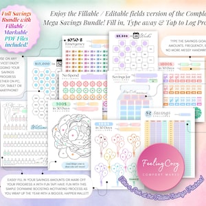 Fillable and markable PDF savings challenge bundle preview open on tablet and laptop screens, showing typable savings goals, emergency fund trackers, no-spend challenges, and 52-week savings tracker sheets.