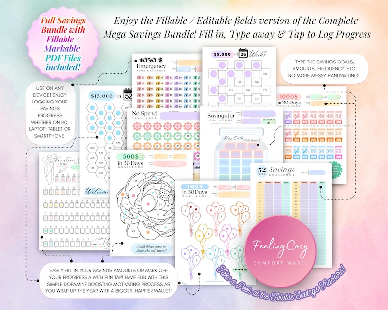 Fillable and markable PDF savings challenge bundle preview open on tablet and laptop screens, showing typable savings goals, emergency fund trackers, no-spend challenges, and 52-week savings tracker sheets.