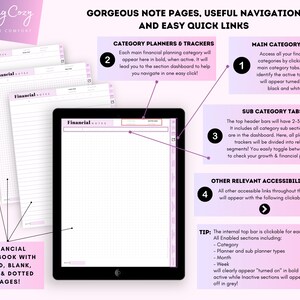 May include: A digital planner with a pink and white color scheme. The planner is designed for financial planning and includes categories, subcategories, and trackers. The image shows a digital screen with a grid pattern and the text "Financial Notes".