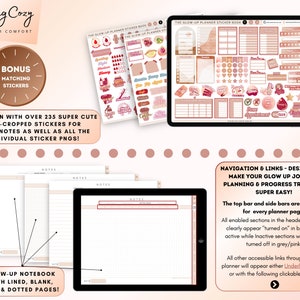 Puede incluir: Un planificador digital con un esquema de color rosa y marr&oacute;n. El planificador tiene una variedad de p&aacute;ginas, incluyendo p&aacute;ginas rayadas, en blanco, cuadriculadas y con puntos. El planificador tambi&eacute;n incluye un conjunto de pegatinas con un esquema de color rosa y marr&oacute;n. El texto "Glow-Up Notebook with Lined, Blank, Grid & Dotted Pages!" es visible en la imagen.