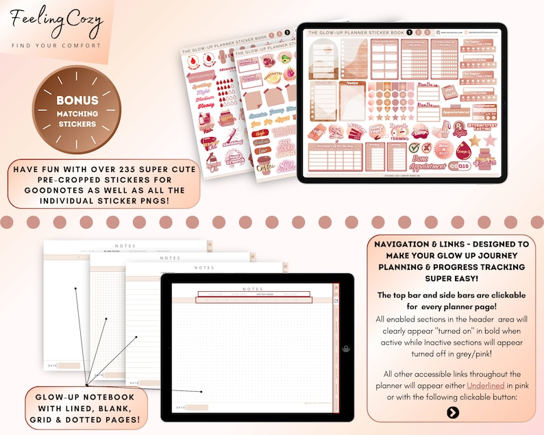 Puede incluir: Un planificador digital con un esquema de color rosa y marr&oacute;n. El planificador tiene una variedad de p&aacute;ginas, incluyendo p&aacute;ginas rayadas, en blanco, cuadriculadas y con puntos. El planificador tambi&eacute;n incluye un conjunto de pegatinas con un esquema de color rosa y marr&oacute;n. El texto "Glow-Up Notebook with Lined, Blank, Grid & Dotted Pages!" es visible en la imagen.