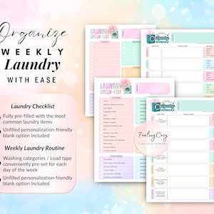 Vibrant printable laundry tracker featuring a daily wash, dry, and fold progress tracker and a pre-filled laundry checklist; an ADHD-friendly home management tool with both pre-set categories and blank customization-friendly options.
