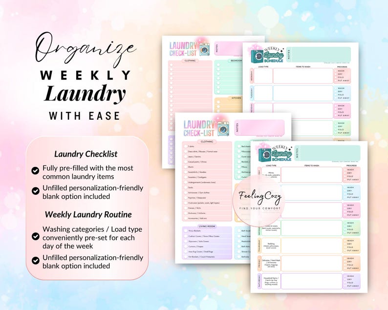 Vibrant printable laundry tracker featuring a daily wash, dry, and fold progress tracker and a pre-filled laundry checklist; an ADHD-friendly home management tool with both pre-set categories and blank customization-friendly options.