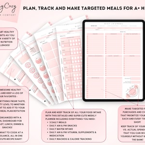 Może przedstawiać: R&oacute;żowy i biały cyfrowy planer z tekstem "Feeling Cozy" i "Plan, Track and Make Targeted Meals for A+ Health!" Planer zawiera sekcje do planowania posiłk&oacute;w, śledzenia spożycia jedzenia i budżetowania zakup&oacute;w.