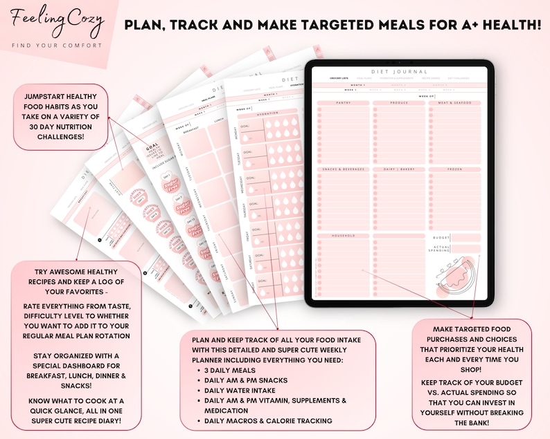 Może przedstawiać: R&oacute;żowy i biały cyfrowy planer z tekstem "Feeling Cozy" i "Plan, Track and Make Targeted Meals for A+ Health!" Planer zawiera sekcje do planowania posiłk&oacute;w, śledzenia spożycia jedzenia i budżetowania zakup&oacute;w.