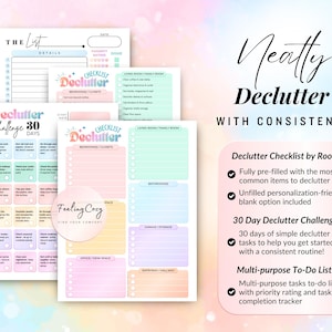 Professional home organization guide featuring a 30-day decluttering challenge and room-specific checklists for garages, entryways, and closets; vibrant printable ADHD planner with a priority-based task tracker and blank customizable pages.