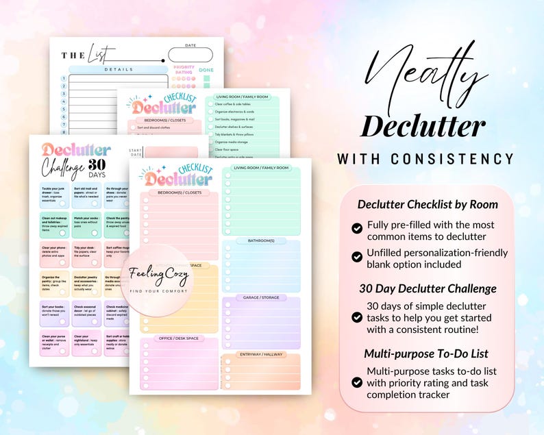 Professional home organization guide featuring a 30-day decluttering challenge and room-specific checklists for garages, entryways, and closets; vibrant printable ADHD planner with a priority-based task tracker and blank customizable pages.
