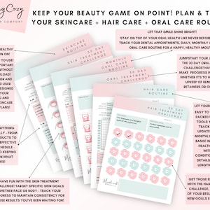May include: Pink and blue printable planner pages with the text "Keep your beauty game on point! Plan & track your skincare + hair care + oral care routine!"  The pages are designed to help you track your beauty routine and set goals.