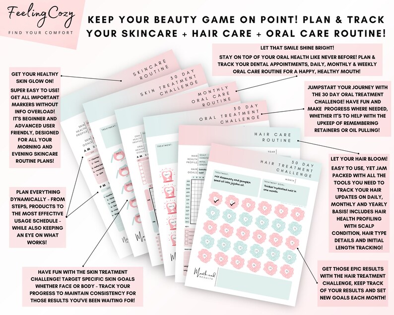 May include: Pink and blue printable planner pages with the text "Keep your beauty game on point! Plan & track your skincare + hair care + oral care routine!"  The pages are designed to help you track your beauty routine and set goals.
